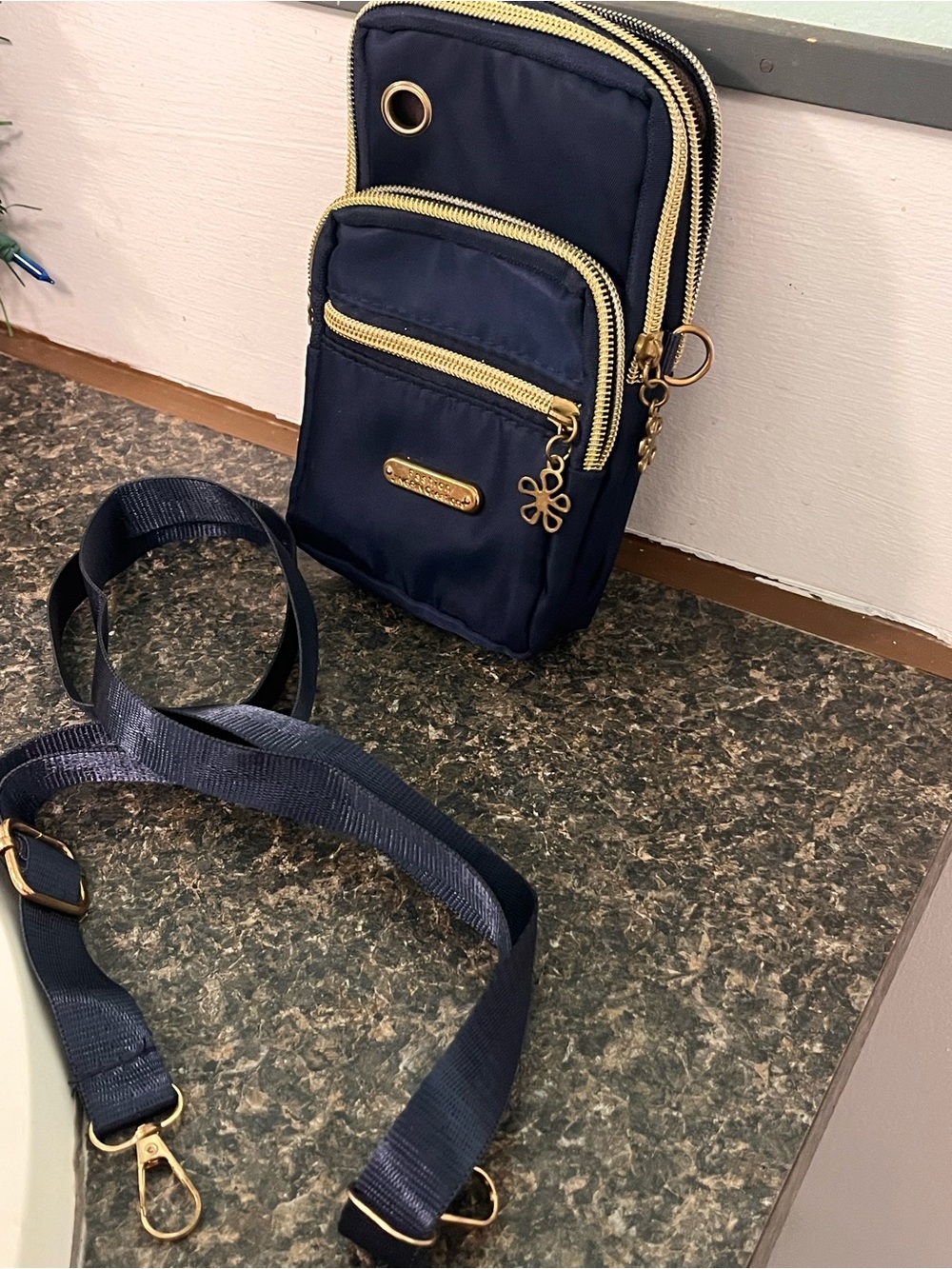 Navy Nylon Crossbody Phone Pouch with Gold Accents